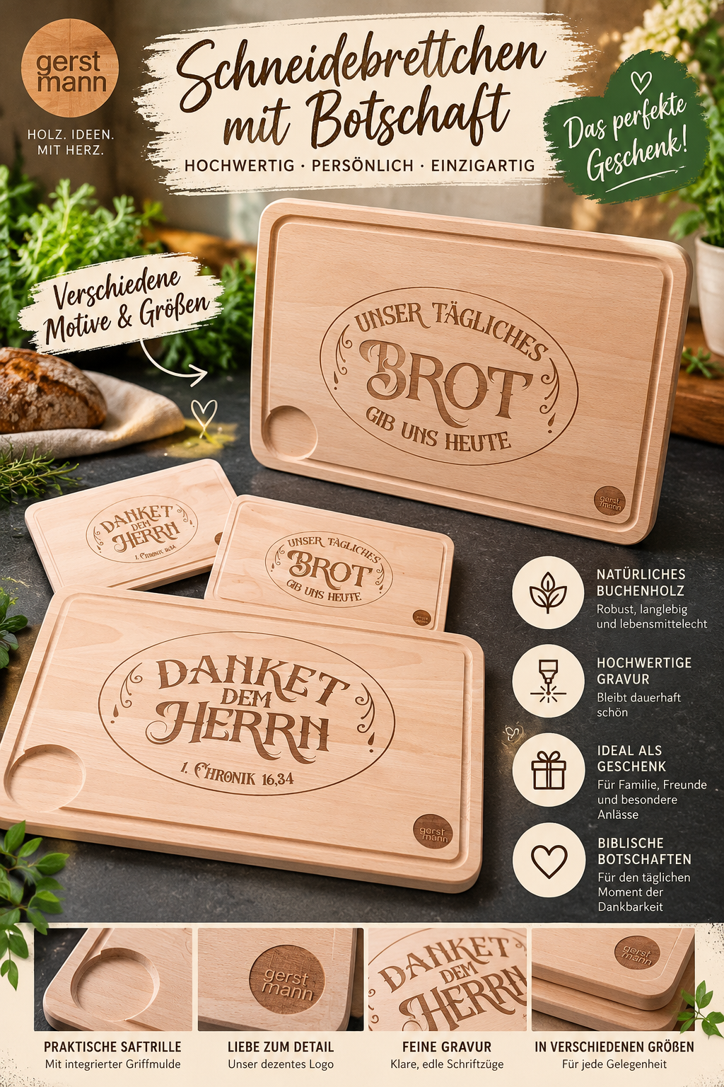 Frühstücksbrettchen Holz, klein, Danket