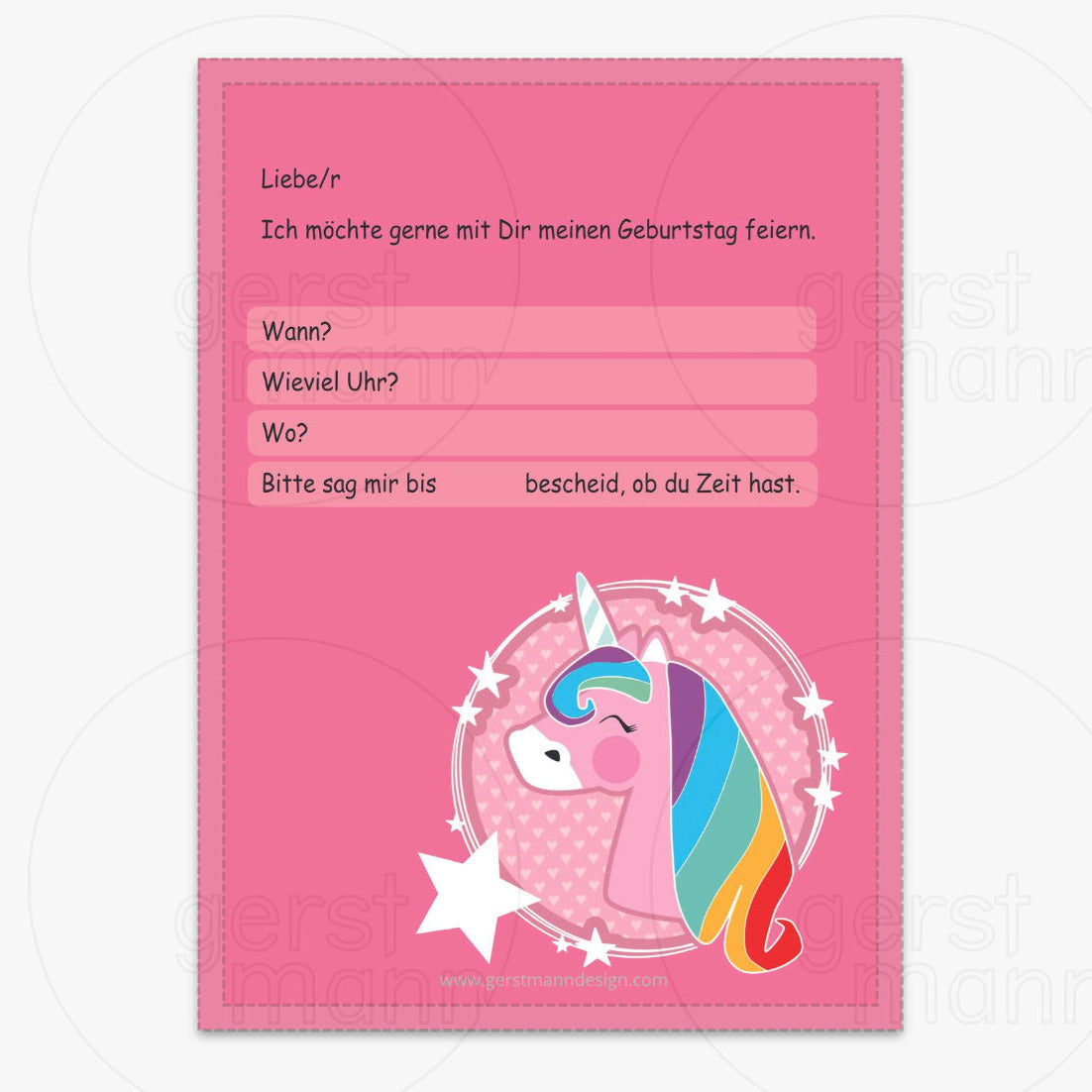 10 Einladungskarten "Einhorn" mit Umschlag deutsch