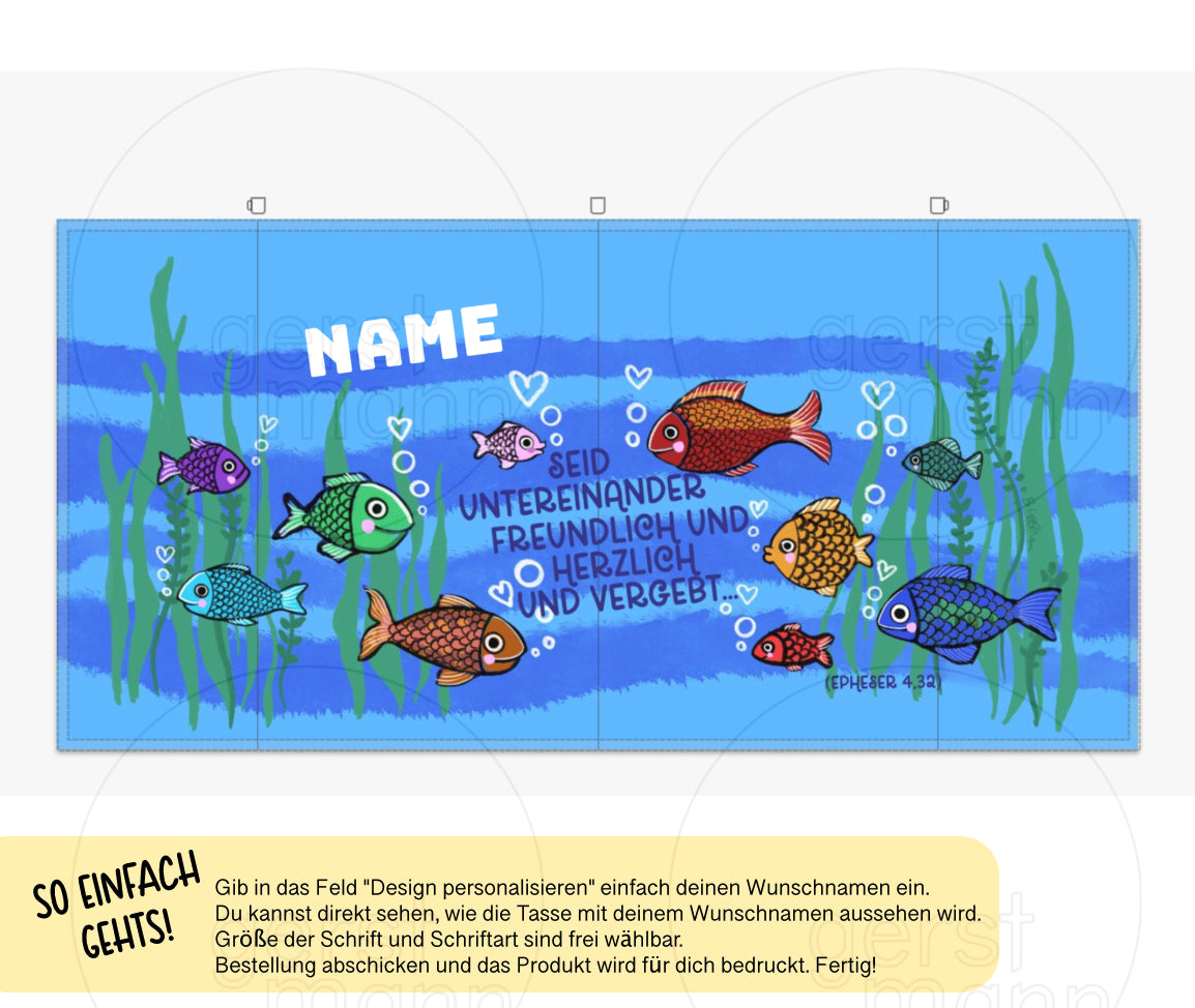 Tasse mit Bibelvers, Fische, personalisiert.